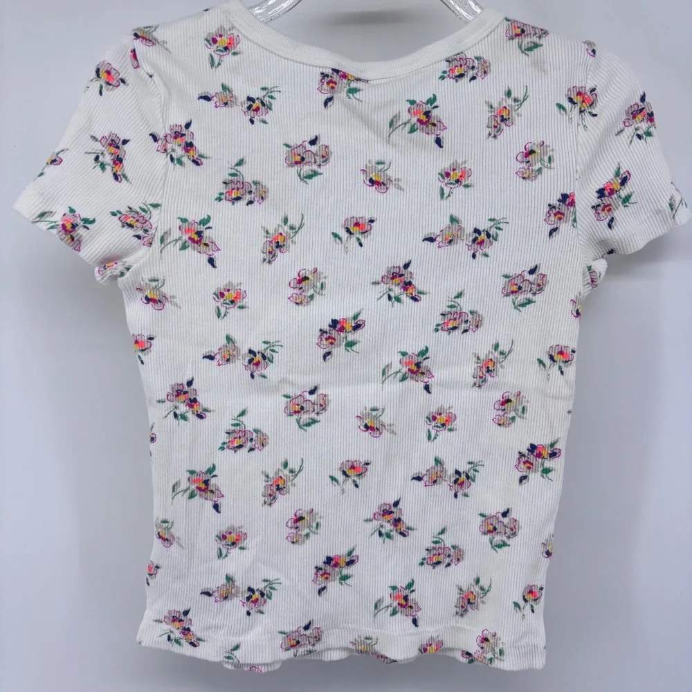 GAP Kids Floral Print Ribbed T-Shirt Girls Crew Neck Short‎ Sleeve Top